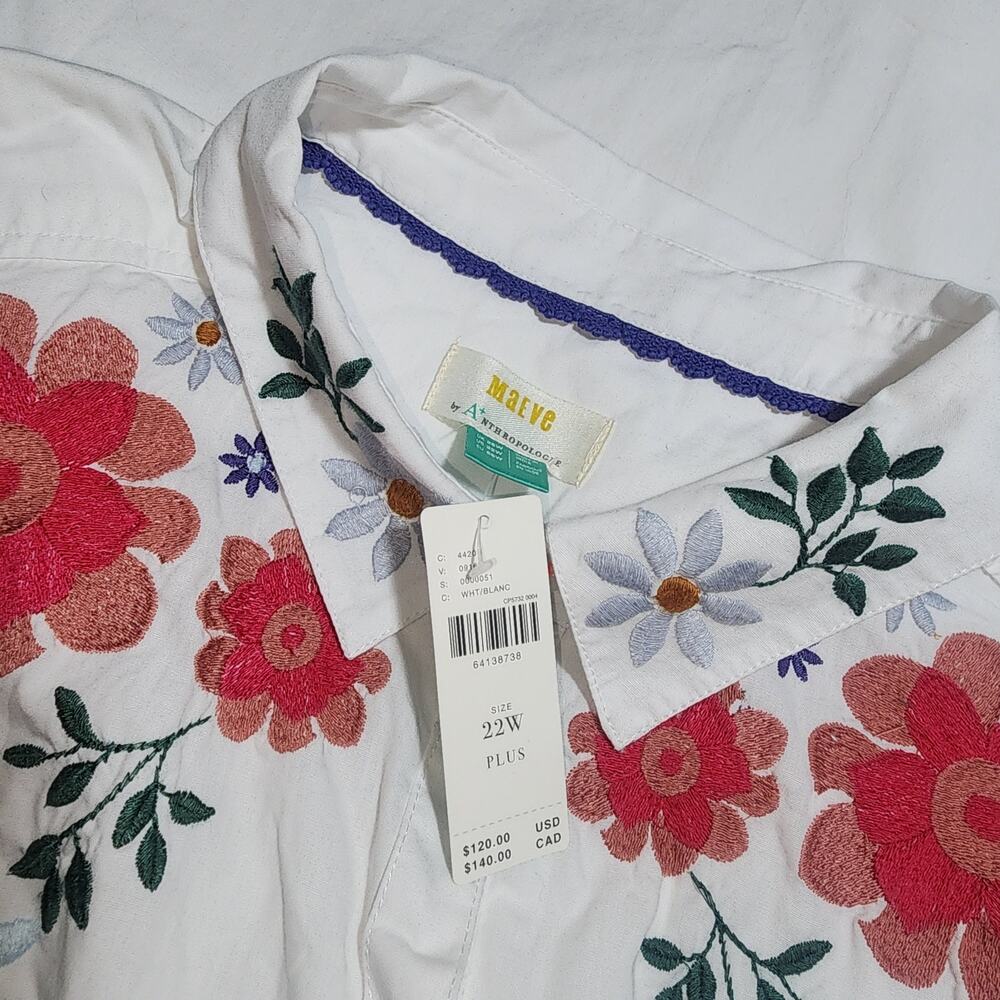 MAEVE for ANTHROPOLOGIE sz 22W Embroidered Floral White Button down Blouse Shirt - Picture 5 of 7